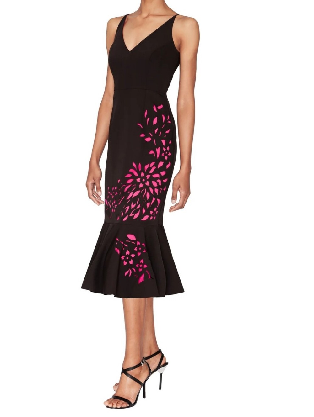 NWT White Tie by Shani Black Pink Floral Flounce Midi Dress US 10 MSRP $169
